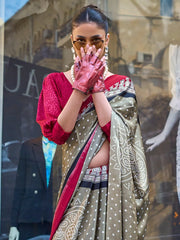 Olive Green Soft Satin Silk Saree - The Dori Store