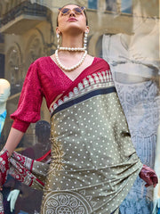 Olive Green Soft Satin Silk Saree - The Dori Store