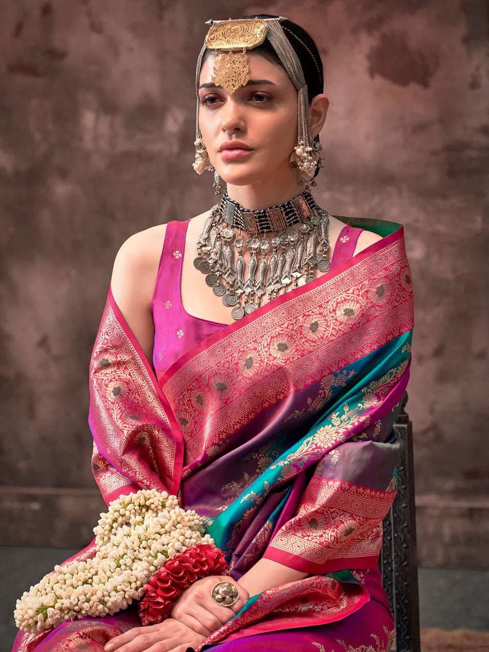 Teal Blue Handloom Banarasi Silk Bridal Saree - The Dori Store