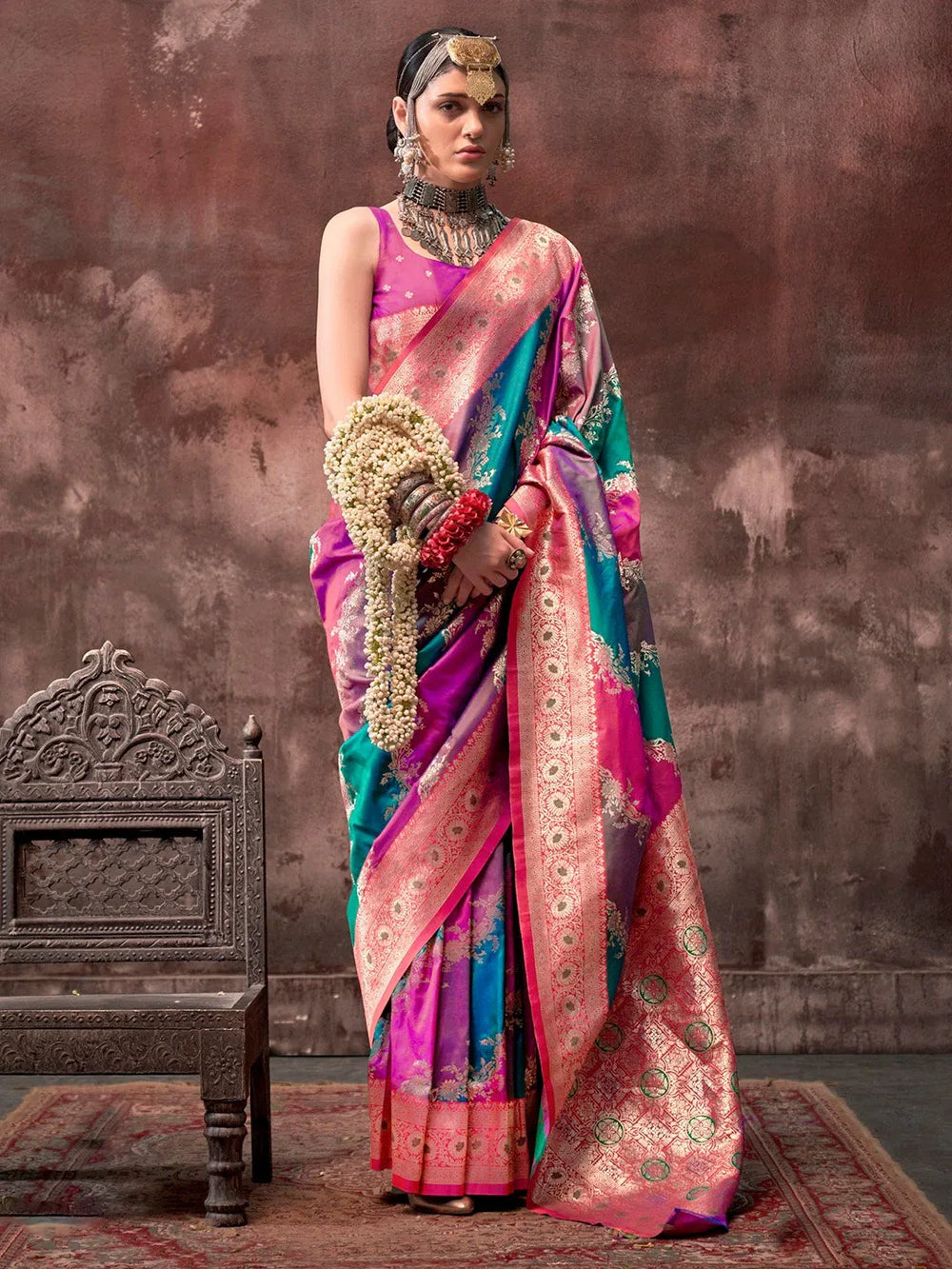 Teal Blue Handloom Banarasi Silk Bridal Saree - The Dori Store