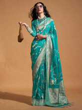 Teal Blue Banarasi Georgette Silk Saree - The Dori Store