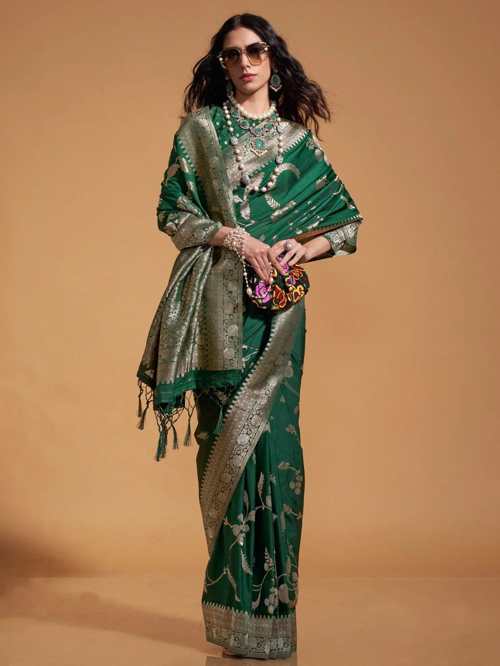 Dark Green Banarasi Georgette Silk Saree - The Dori Store