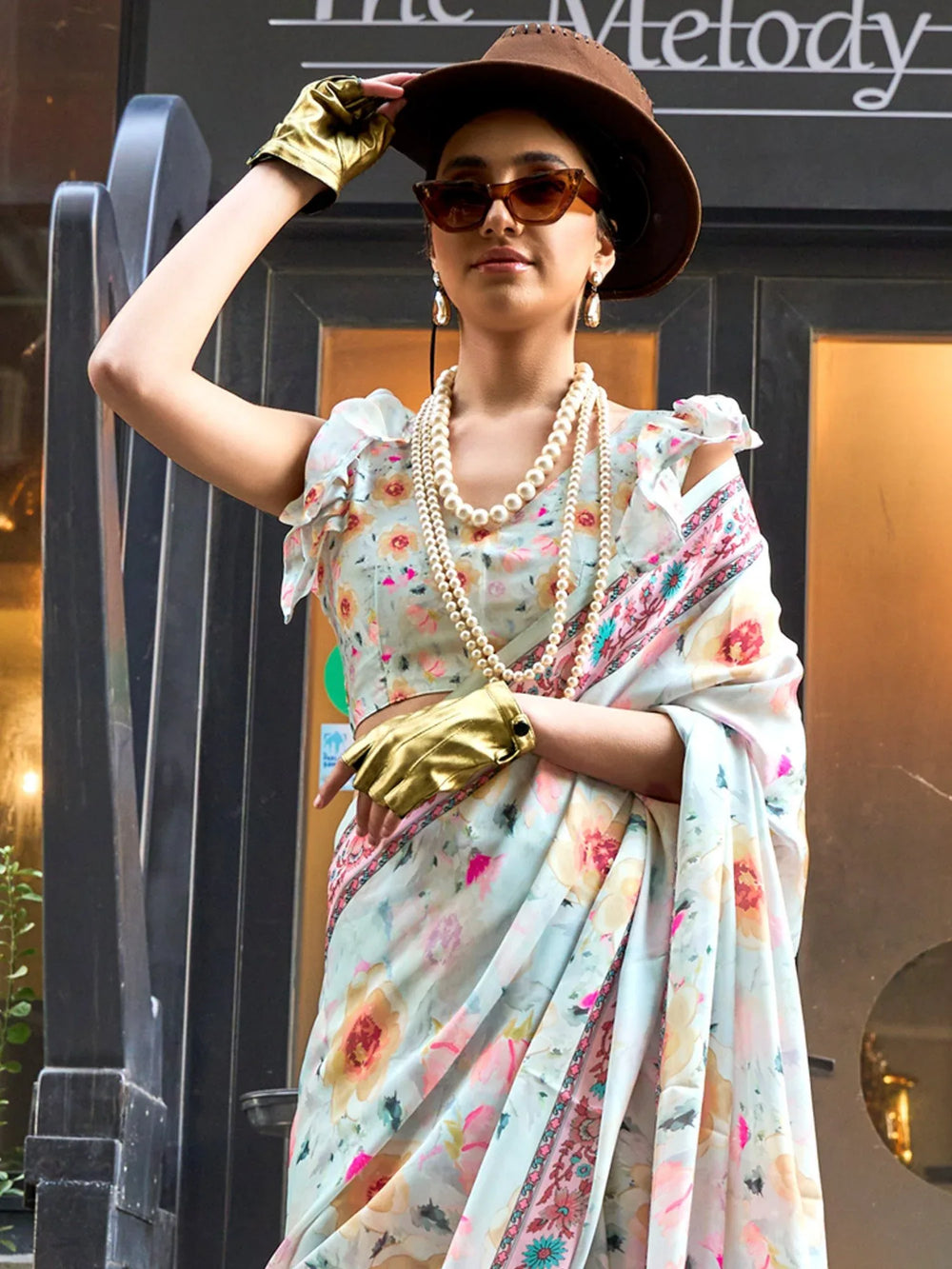 Ice Blue Printed Satin Silk Saree - The Dori Store