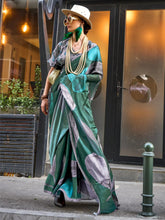 Rich Green Printed Satin Silk Saree - The Dori Store
