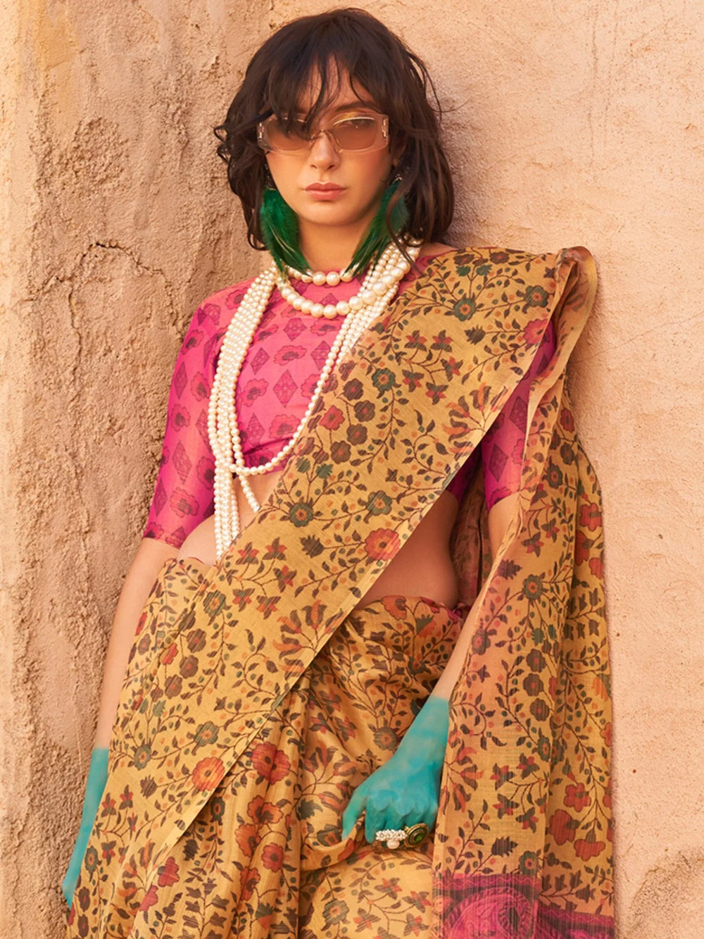 Yellow Printed Zari Tissue Silk Saree - The Dori Store