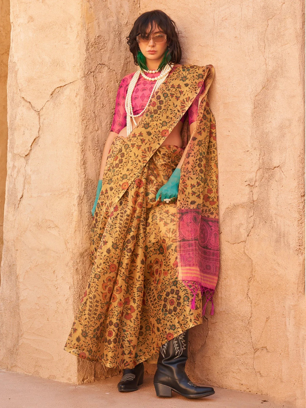 Yellow Printed Zari Tissue Silk Saree - The Dori Store