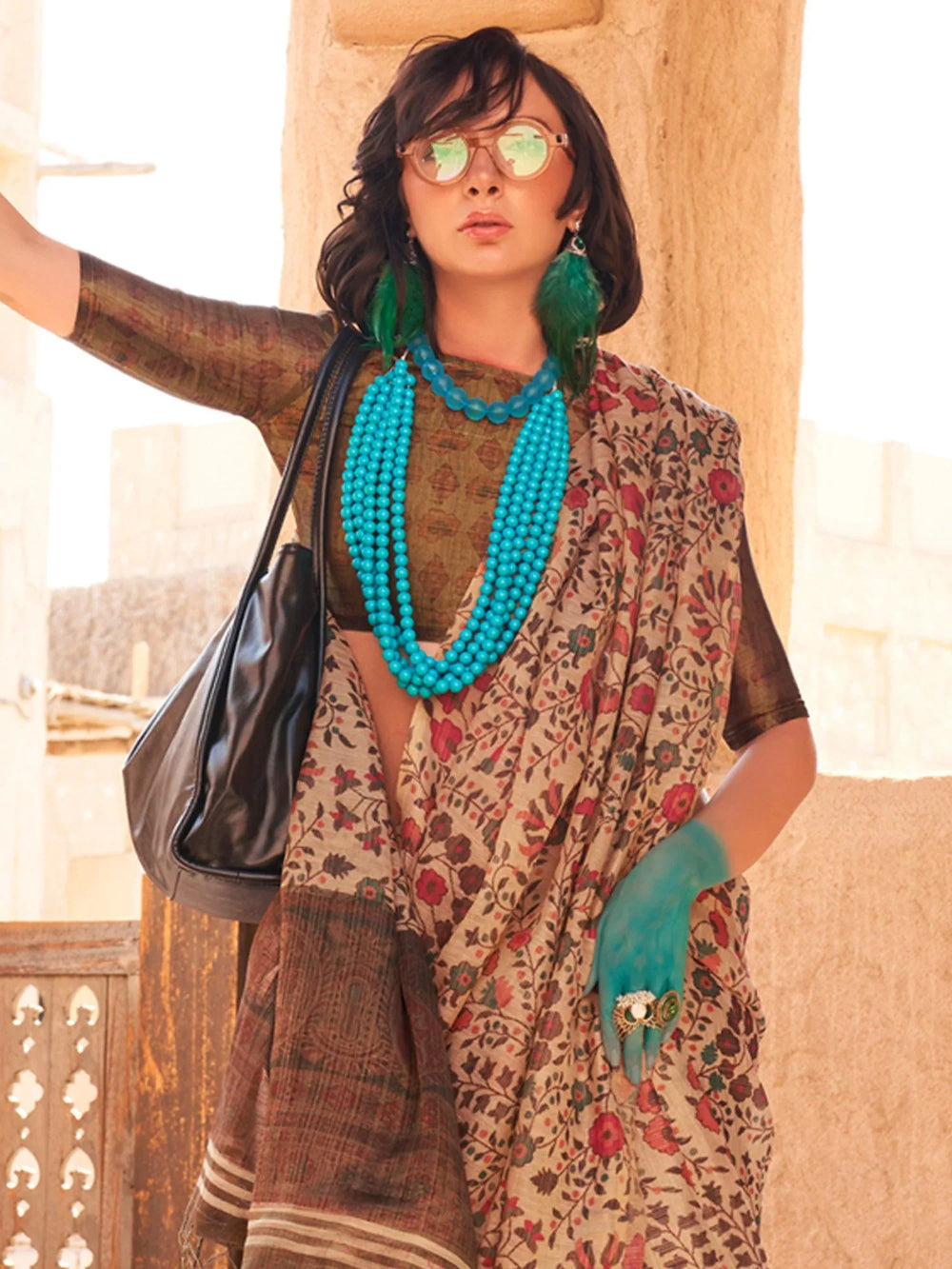 Cream Printed Zari Tissue Silk Saree - The Dori Store