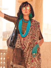 Cream Printed Zari Tissue Silk Saree - The Dori Store