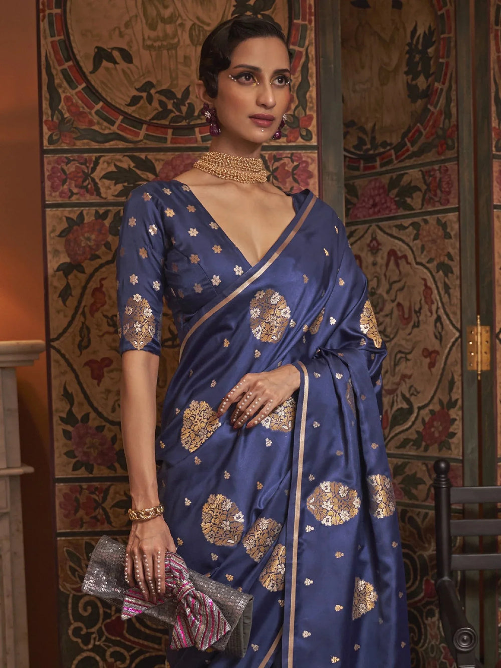Navy Blue Banarasi Silk Saree - The Dori Store