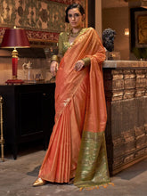 Orange Banarasi Tussar Silk Woven Saree - The Dori Store