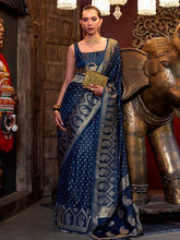 Navy Blue Banarasi Satin Silk Saree - The Dori Store