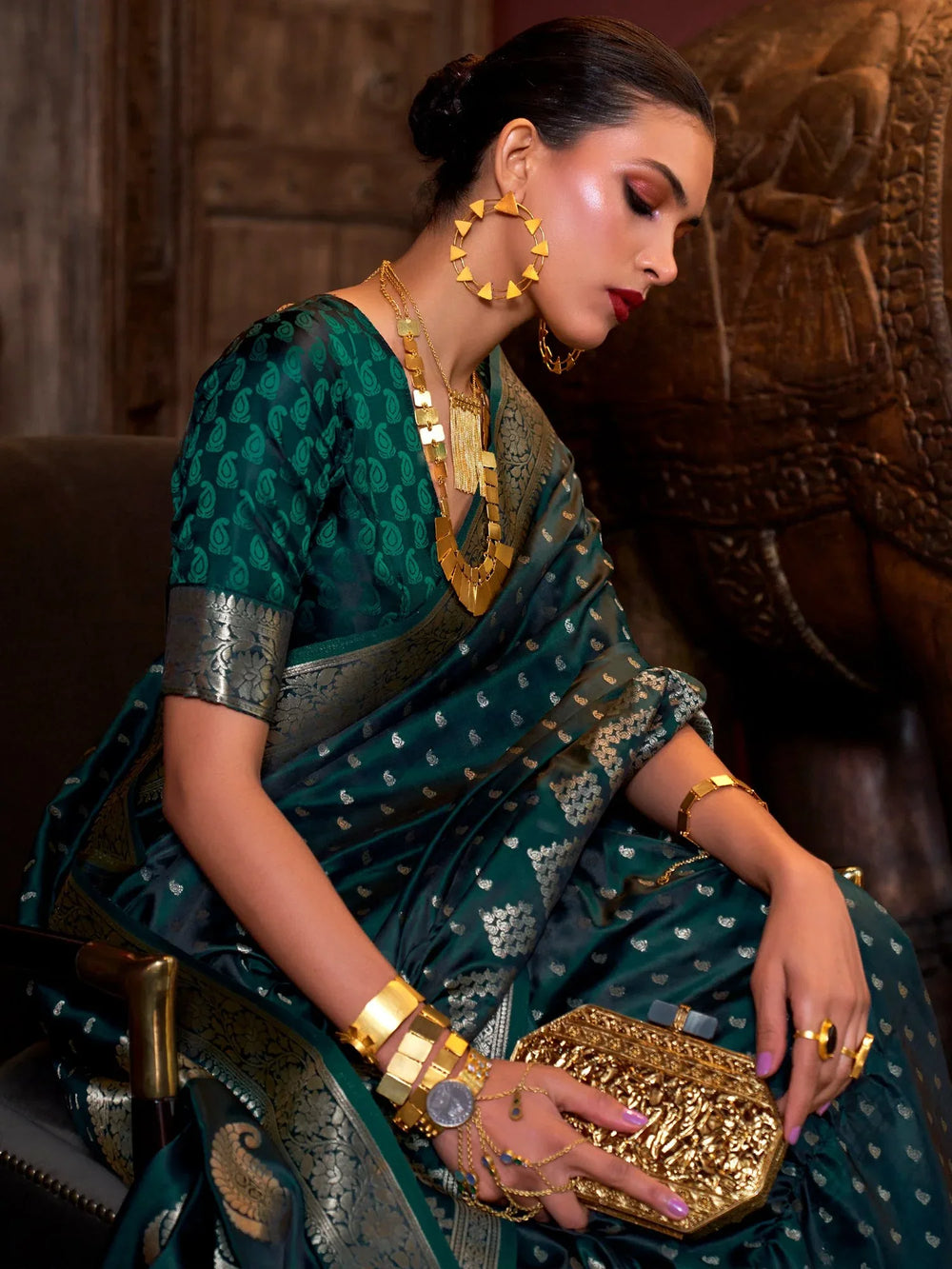 Dark Green Banarasi Satin Silk Saree - The Dori Store