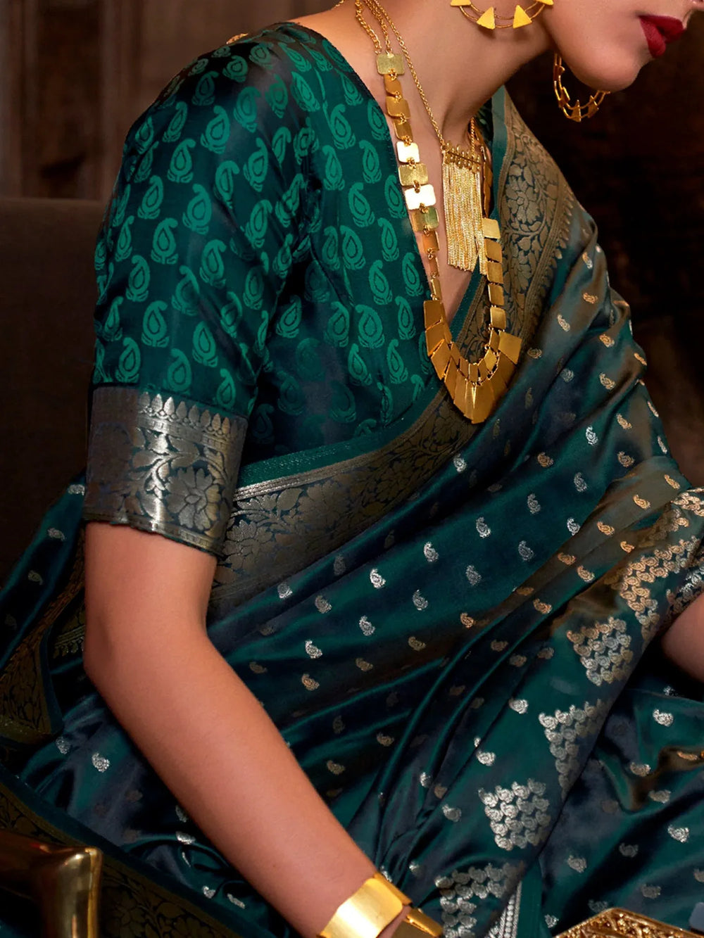 Dark Green Banarasi Satin Silk Saree - The Dori Store