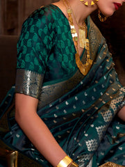 Dark Green Banarasi Satin Silk Saree - The Dori Store