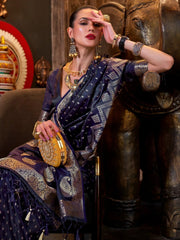 Dark Blue Banarasi Satin Silk Saree - The Dori Store