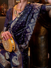 Dark Blue Banarasi Satin Silk Saree - The Dori Store