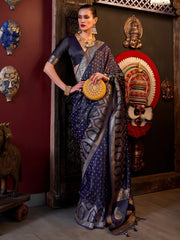 Dark Blue Banarasi Satin Silk Saree - The Dori Store