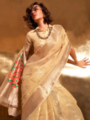 Yellow Banarasi Tissue Woven Saree - The Dori Store