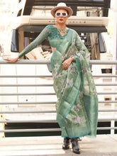Aqua Green Printed Tissue Silk Saree - The Dori Store