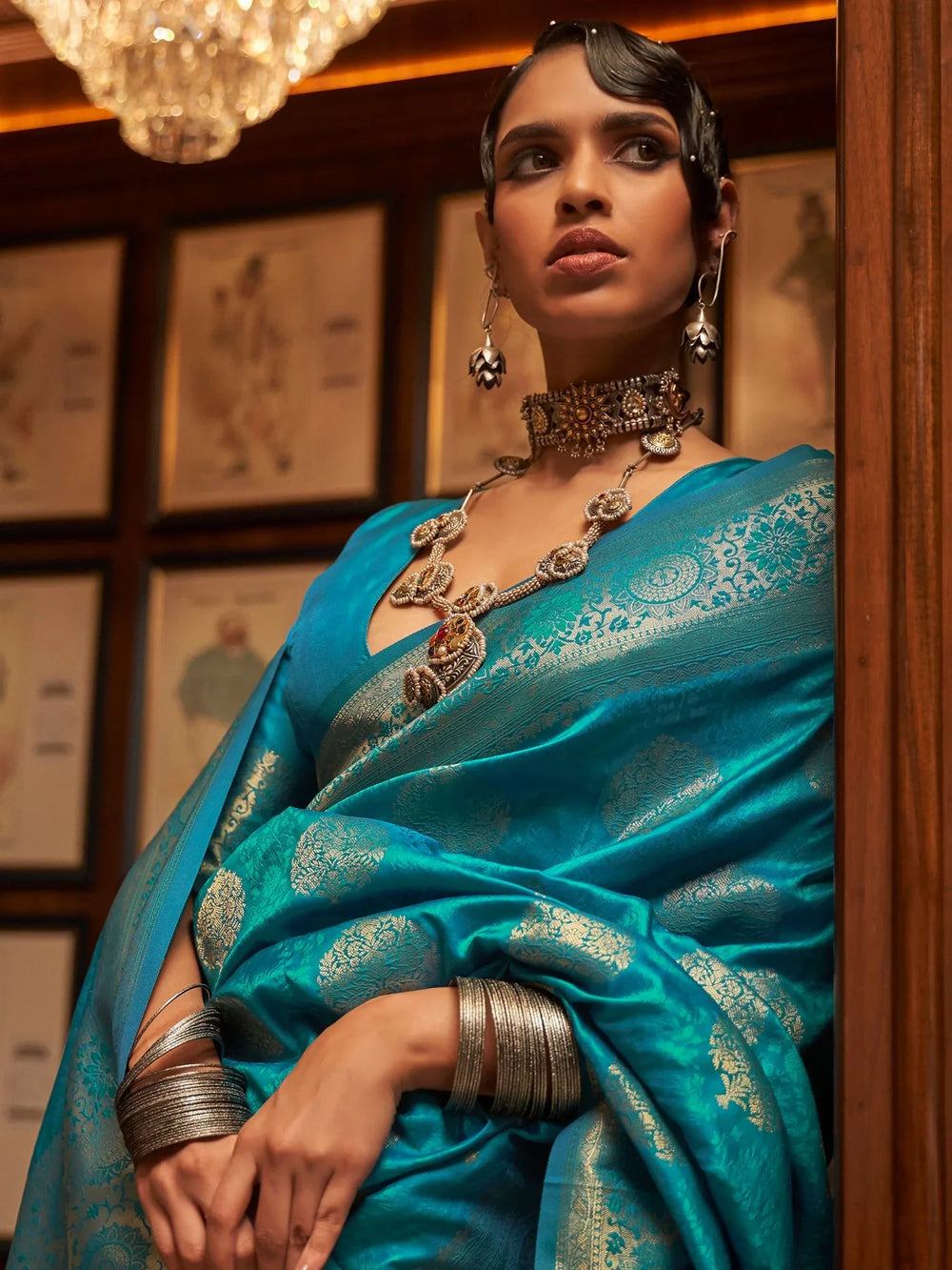 Turquoise Blue Designer Banarasi Silk Saree - The Dori Store