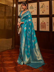Turquoise Blue Designer Banarasi Silk Saree - The Dori Store