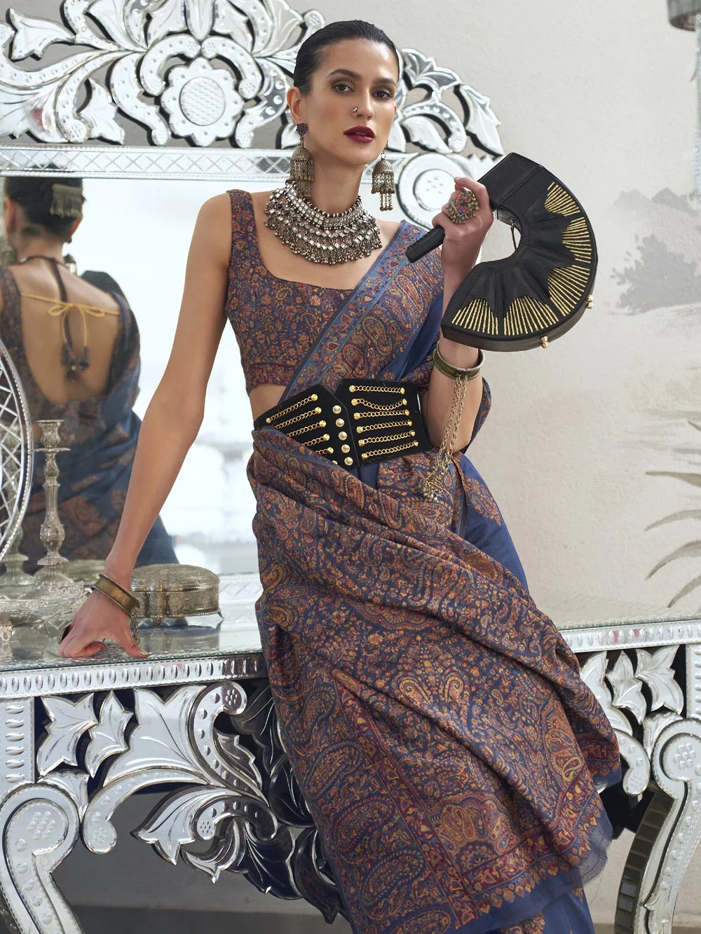 Navy Blue Modal Kashmiri Handloom Silk Saree - The Dori Store