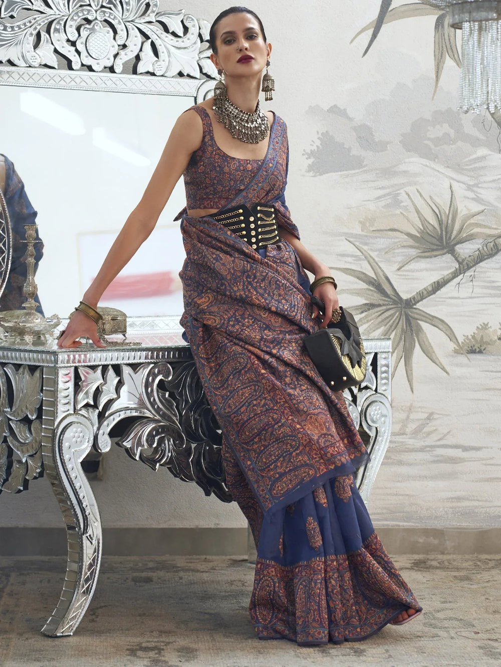 Navy Blue Modal Kashmiri Handloom Silk Saree - The Dori Store