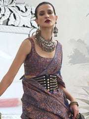 Navy Blue Modal Kashmiri Handloom Silk Saree - The Dori Store