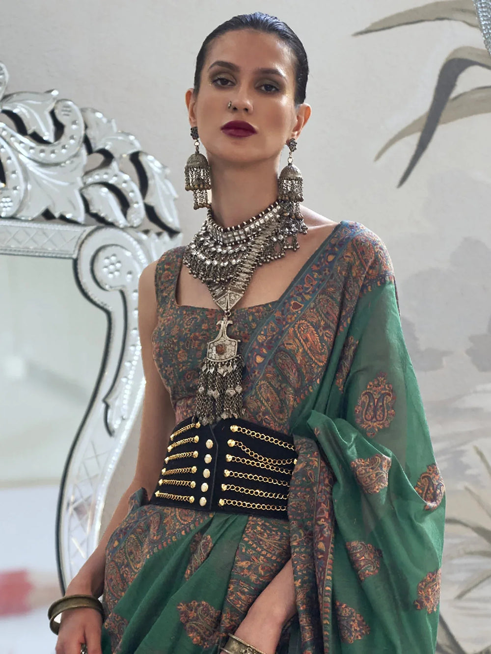 Forest Green Modal Kashmiri Handloom Silk Saree - The Dori Store