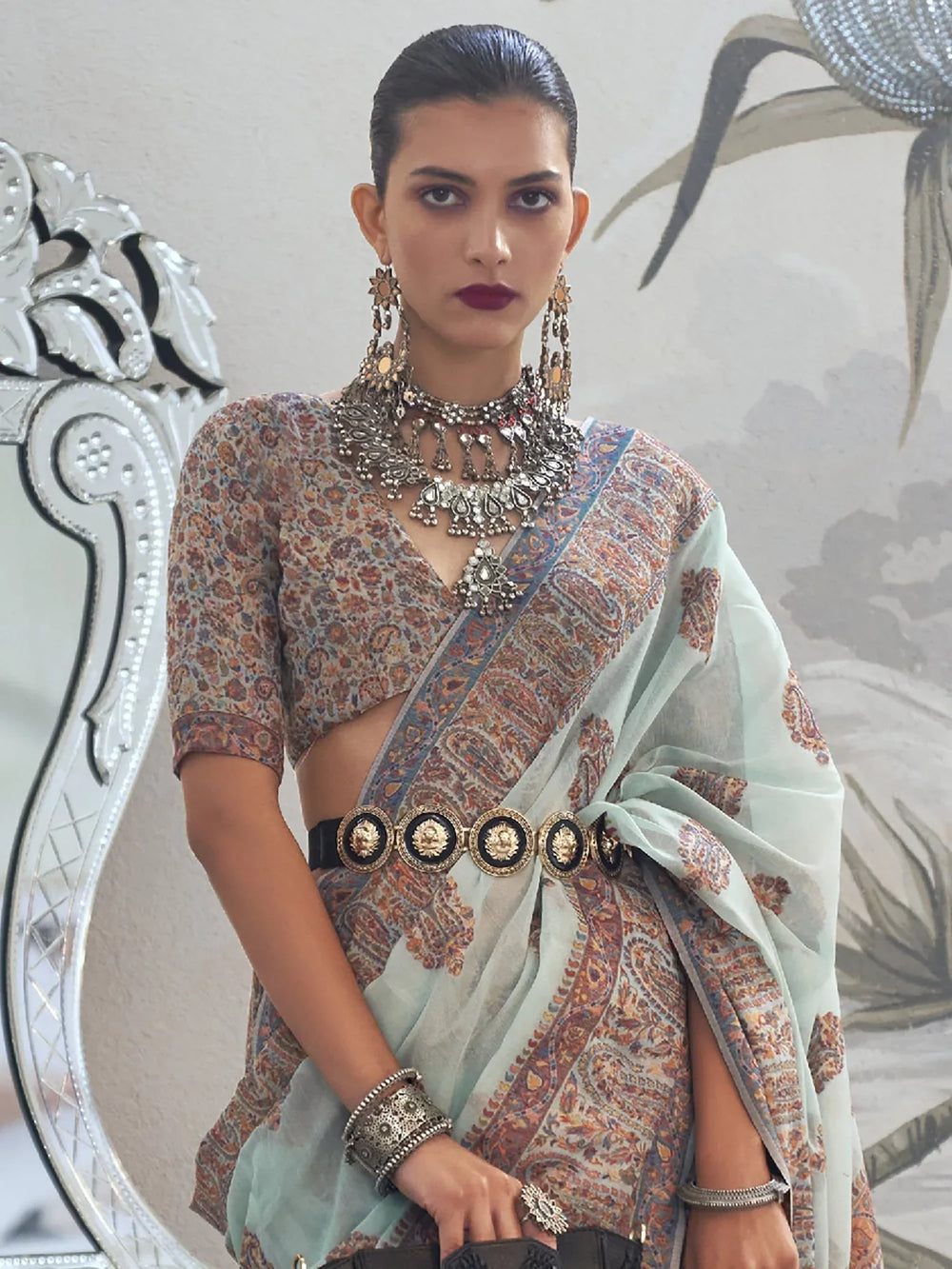 Aqua Blue Modal Kashmiri Handloom Silk Saree - The Dori Store