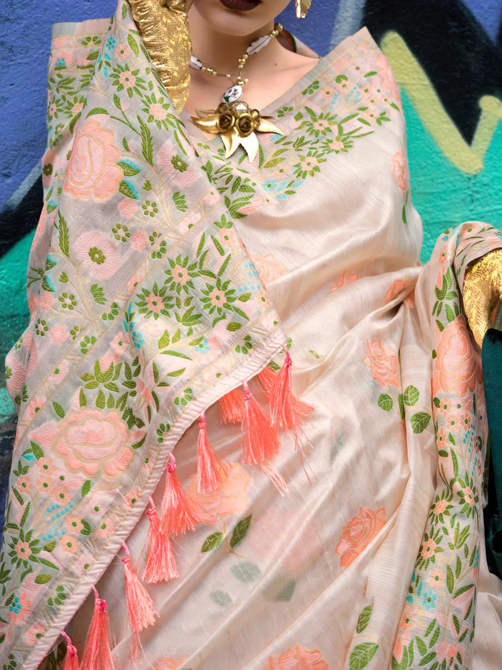 Sand Beige Parsi Woven Cotton Blended Saree - The Dori Store