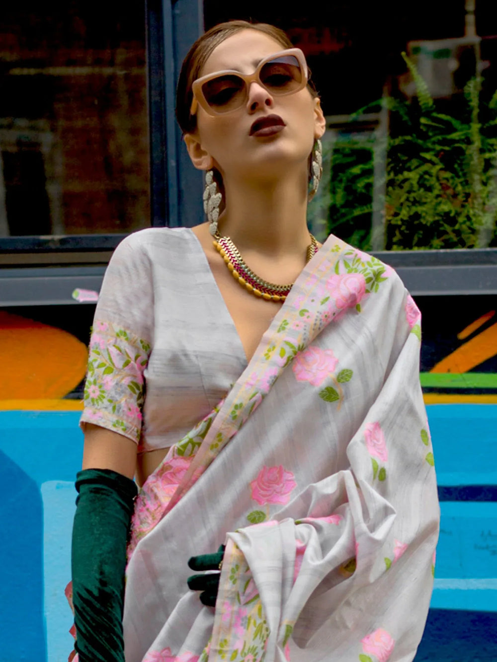 Grey Parsi Woven Cotton Blended Saree - The Dori Store