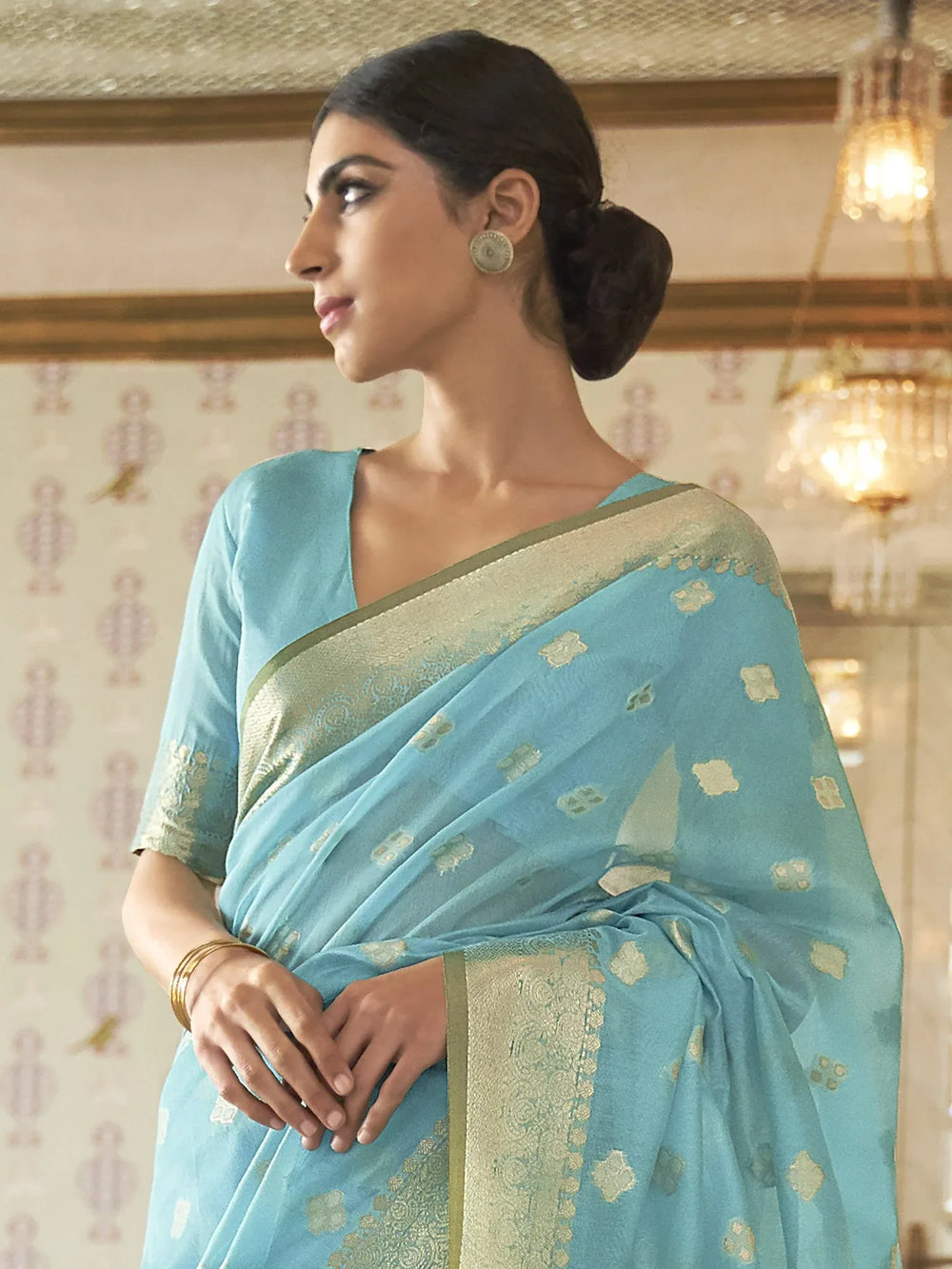Ethnic Light Blue Banarasi Silk Saree - The Dori Store