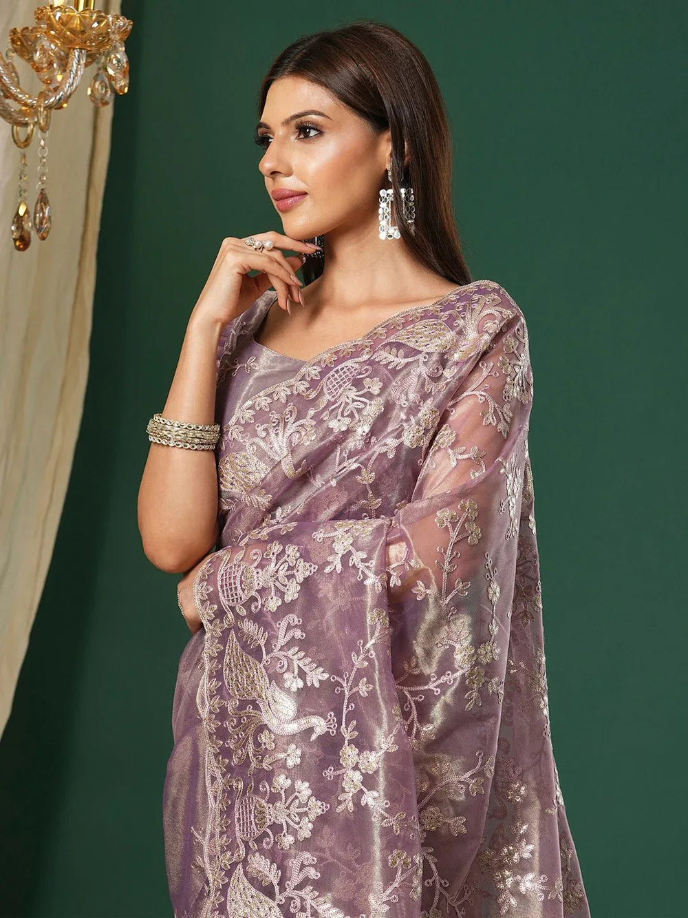 Mauve Organza Partywear Saree - The Dori Store