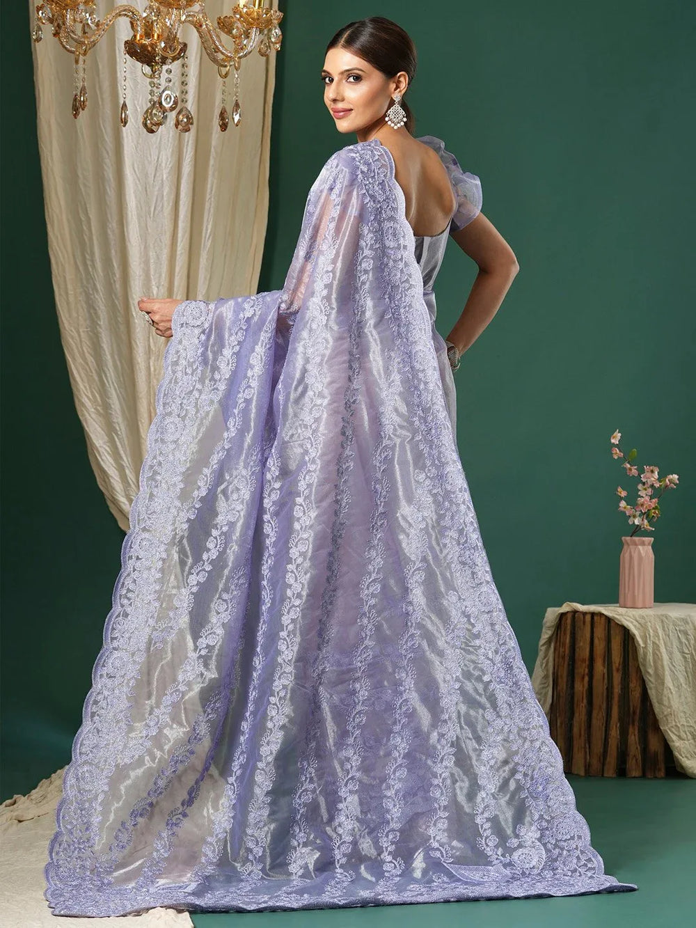 Lavender Organza Partywear Designer Saree - The Dori Store