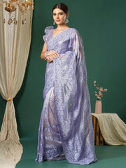 Lavender Organza Partywear Designer Saree - The Dori Store