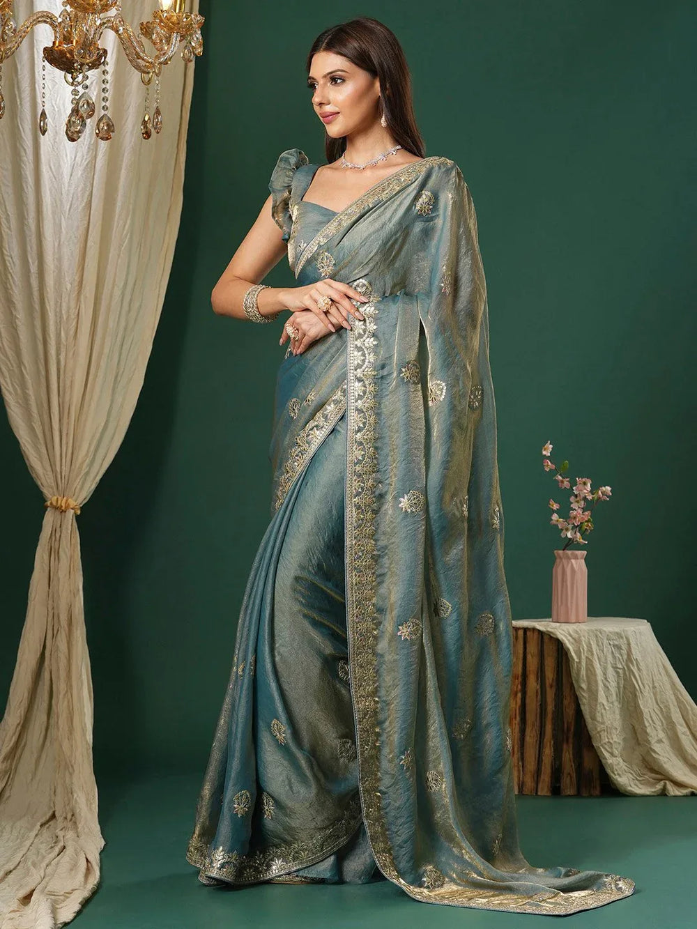 Teal Blue Organza Floral Saree - The Dori Store