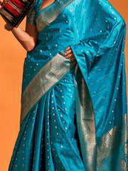 Classic Blue Banarasi Satin Silk Sare - The Dori Store