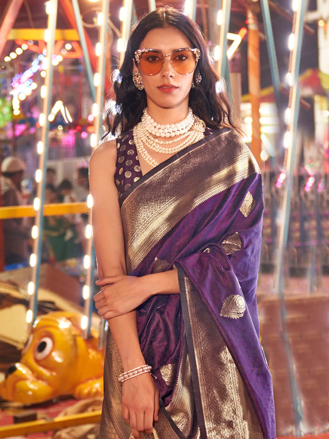 Purple Banarasi Silk Blend Woven Saree