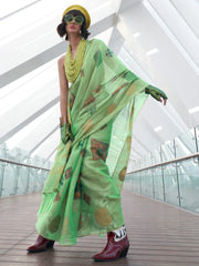 Classic Green Handloom Linen Saree - The Dori Store