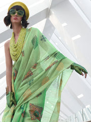 Classic Green Handloom Linen Saree - The Dori Store