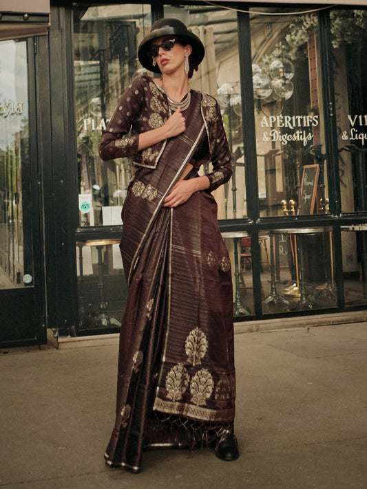 Brown Brown Banarasi Satin Silk Woven Saree