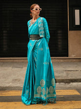 Blue Banarasi Satin Silk Woven Saree - The Dori Store