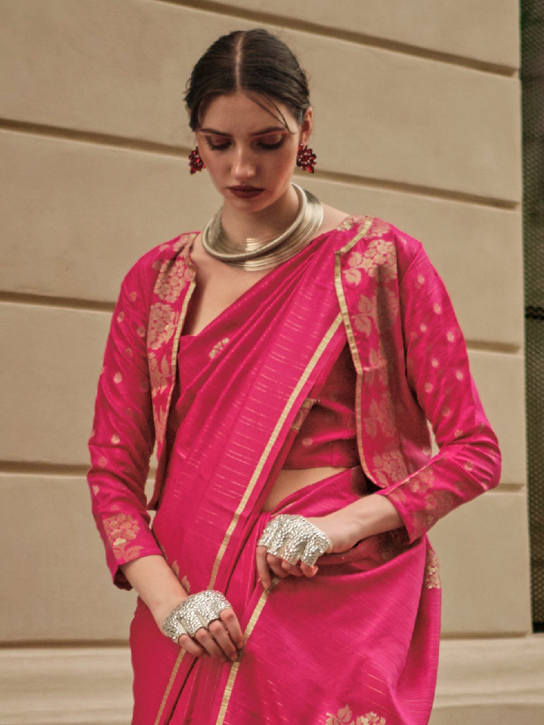 Pink Banarasi Satin Silk Woven Saree