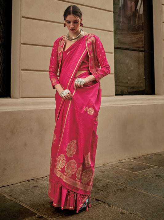 Pink Pink Banarasi Satin Silk Woven Saree