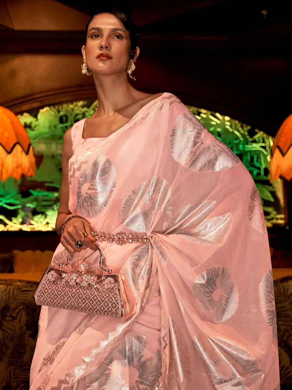 Partywear Light Pink Organza Silk Saree - The Dori Store