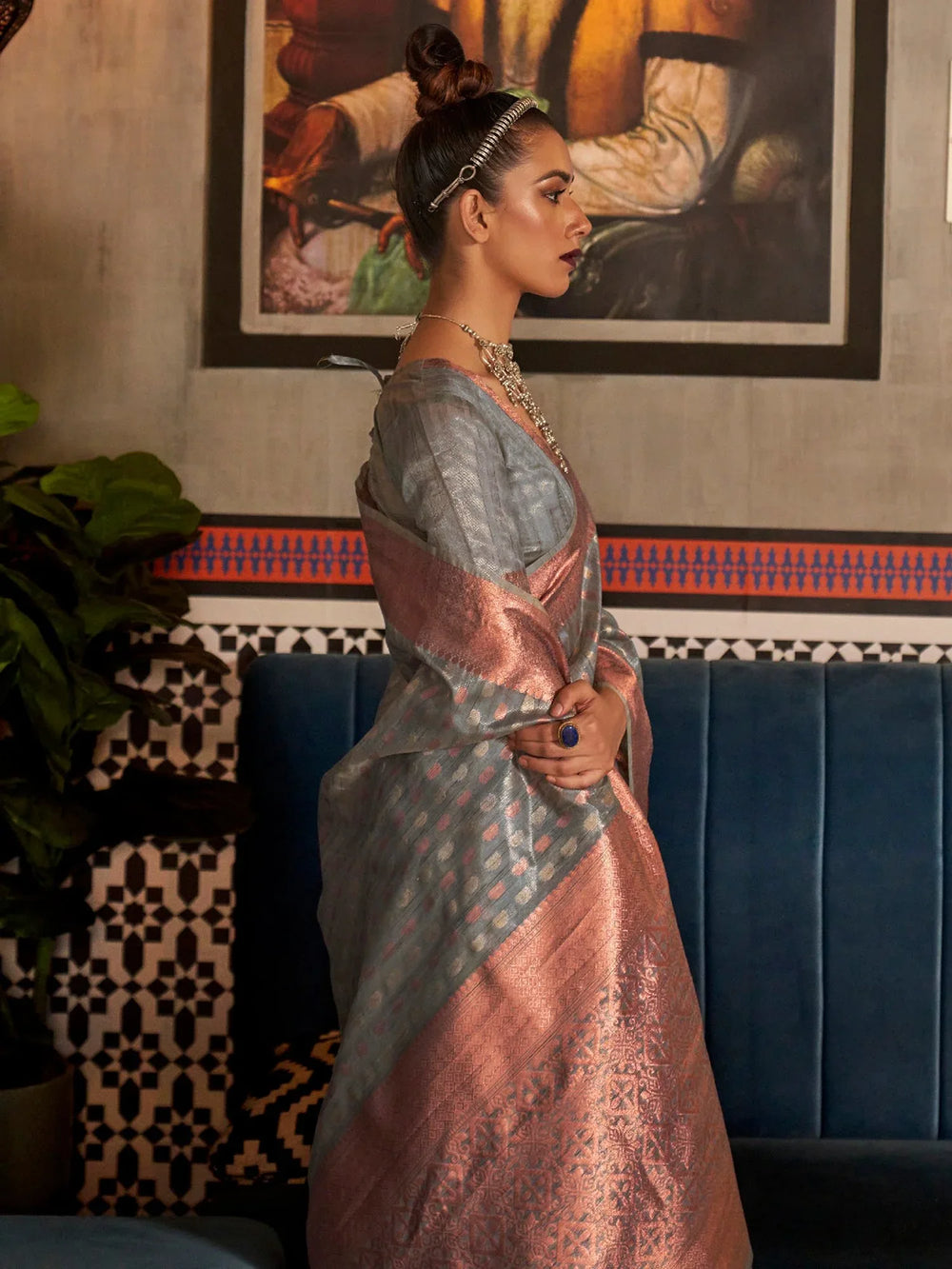 Fossil Grey Tissue Silk Saree - The Dori Store