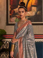Fossil Grey Tissue Silk Saree - The Dori Store