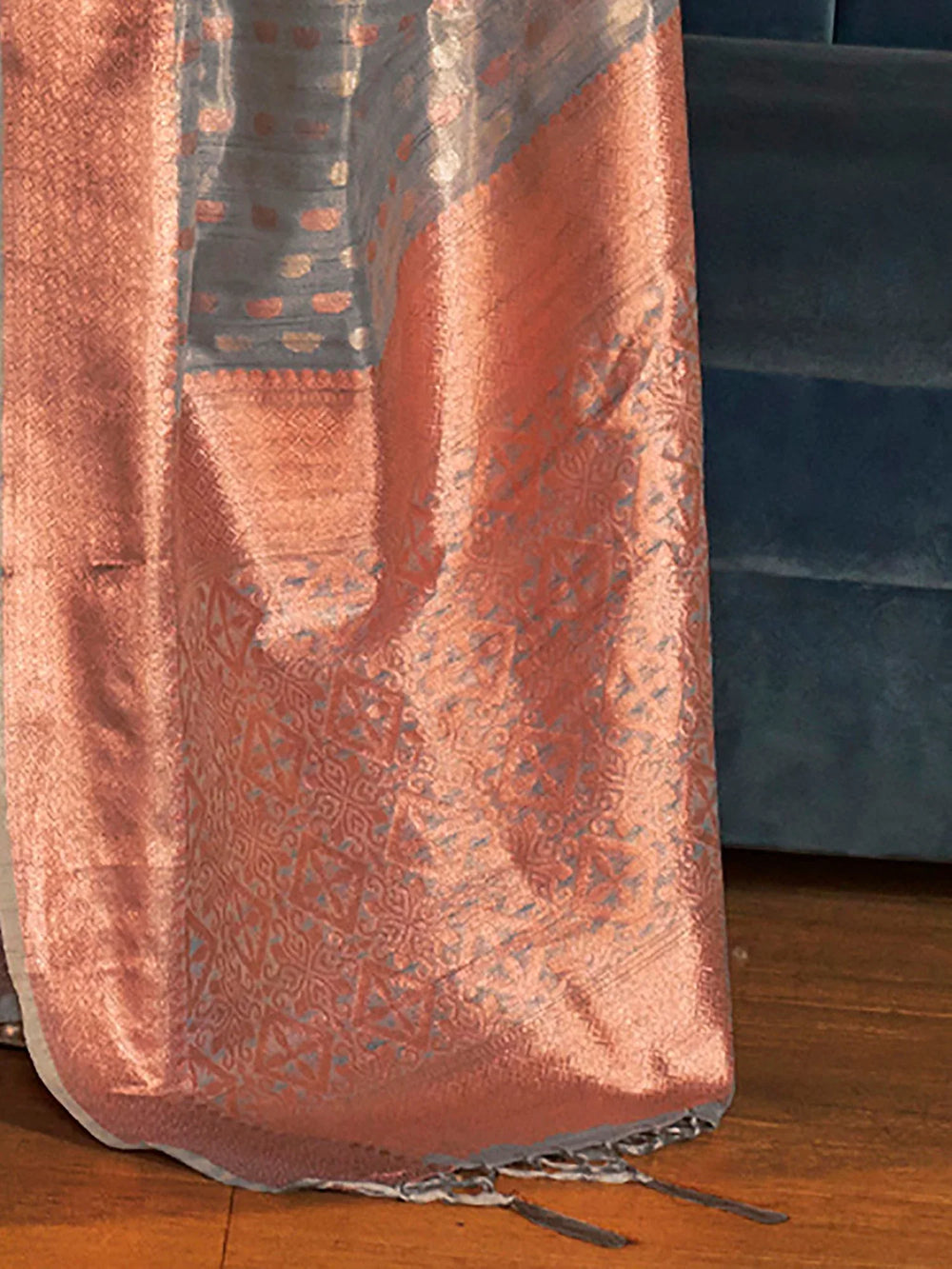 Fossil Grey Tissue Silk Saree - The Dori Store