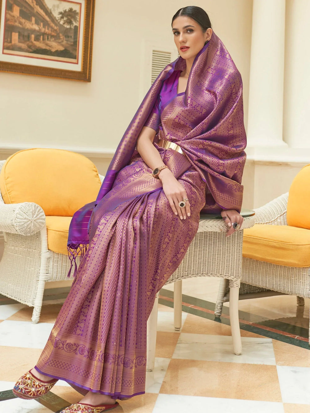Princess Purple Partywear Kanjeevaram Silk Saree - The Dori Store